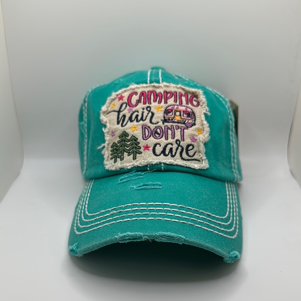 Teal Vintage Style Distressed Ball Cap with Fun Camping Embroidery